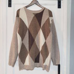 Vintage Leslie Fay Womens L Lambswool Angora Sweater Crewneck Argyle Knit Brown